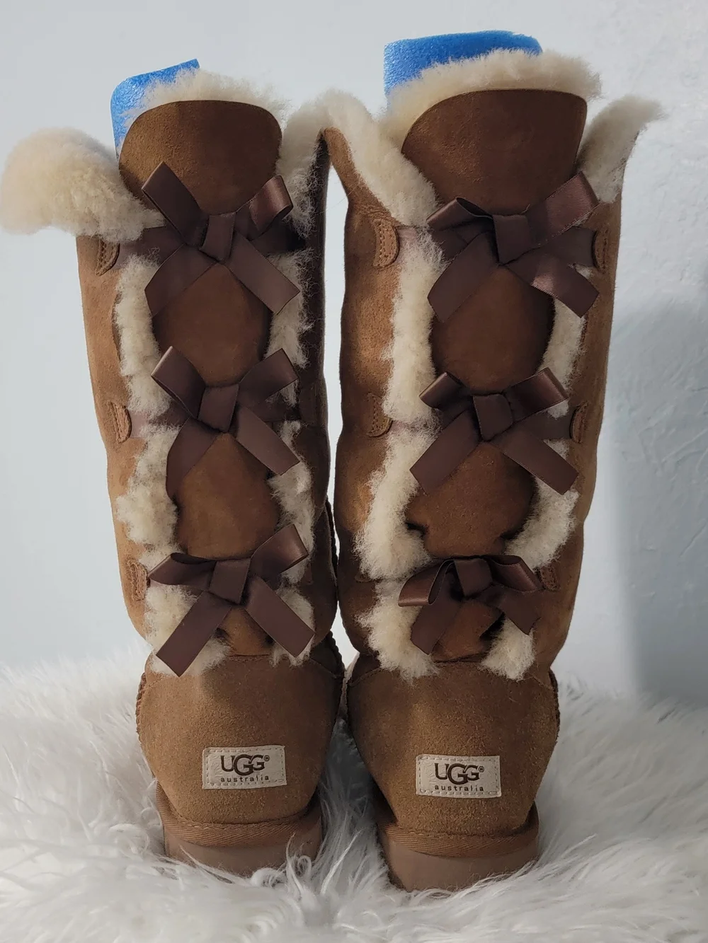 UGG Chestnut Suede Sheepskin Tall Boots with Back Bows